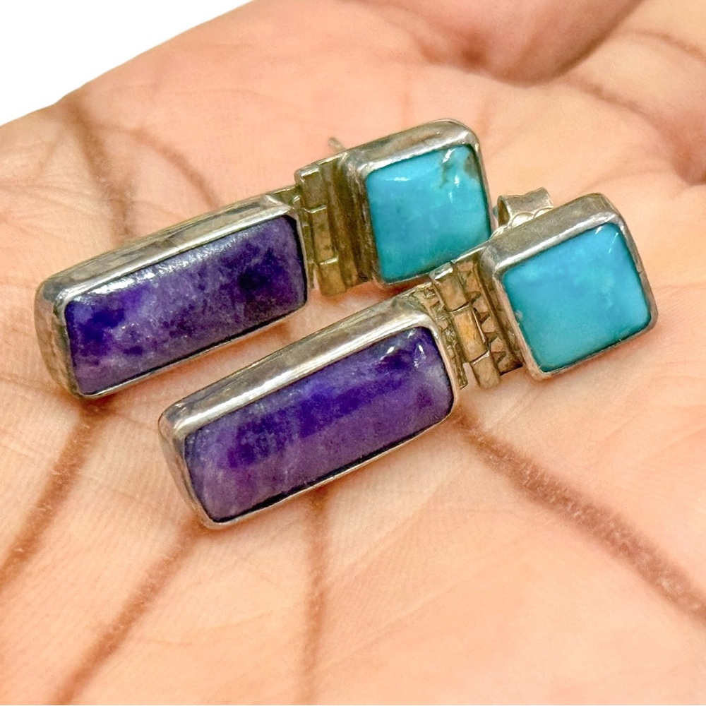 Harold Lujan Turquoise and Sugilite Dangle Sterling Earrings (Needs Cleaning)